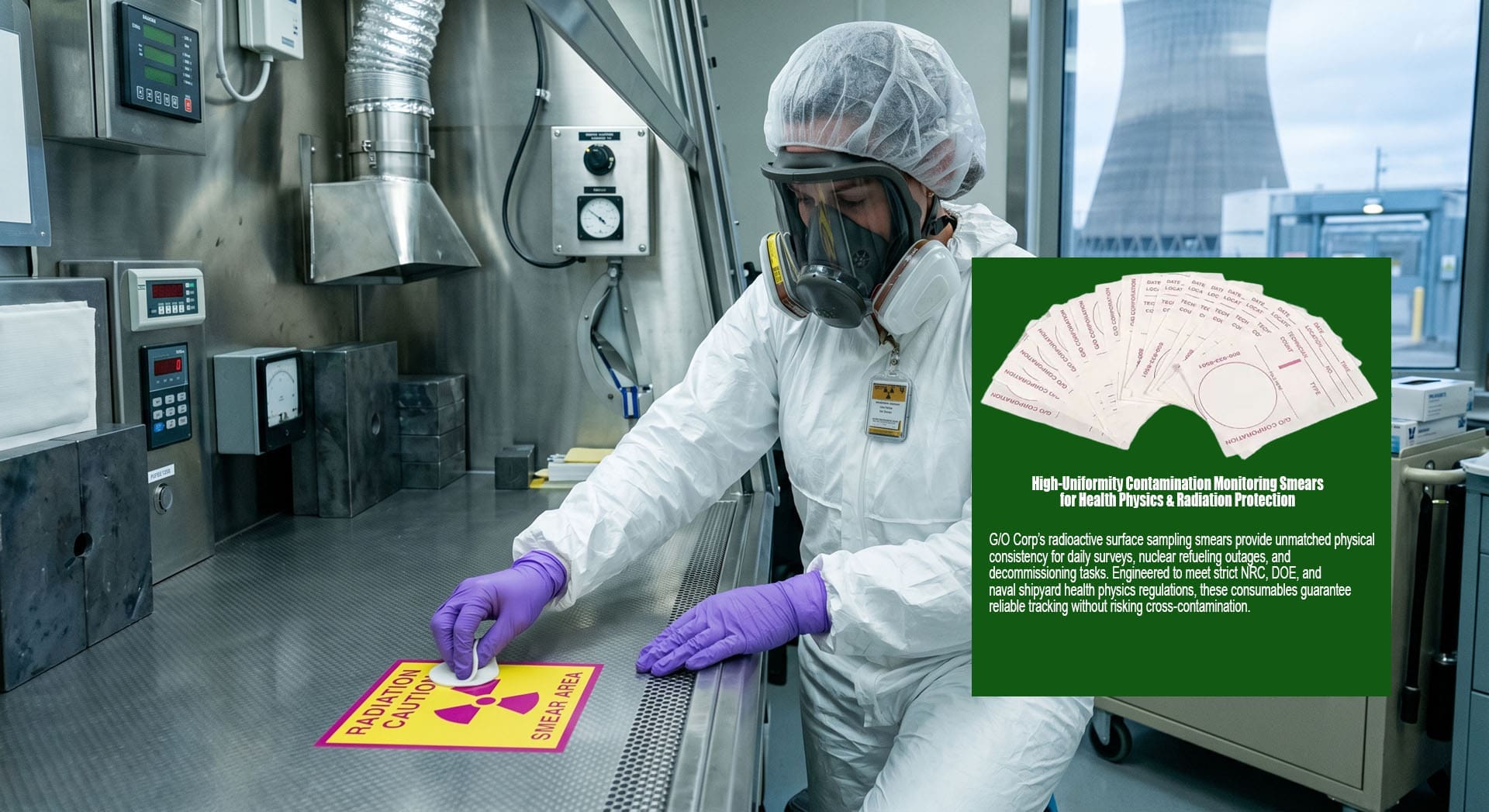 Technician using a radiological smear wipe to test a work surface for removable radioactive contamination.
